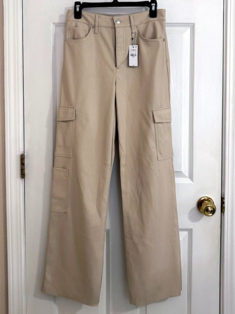 Express High Waisted Faux Leather Wide Leg Cargo Pants Sandshell 4R NWT